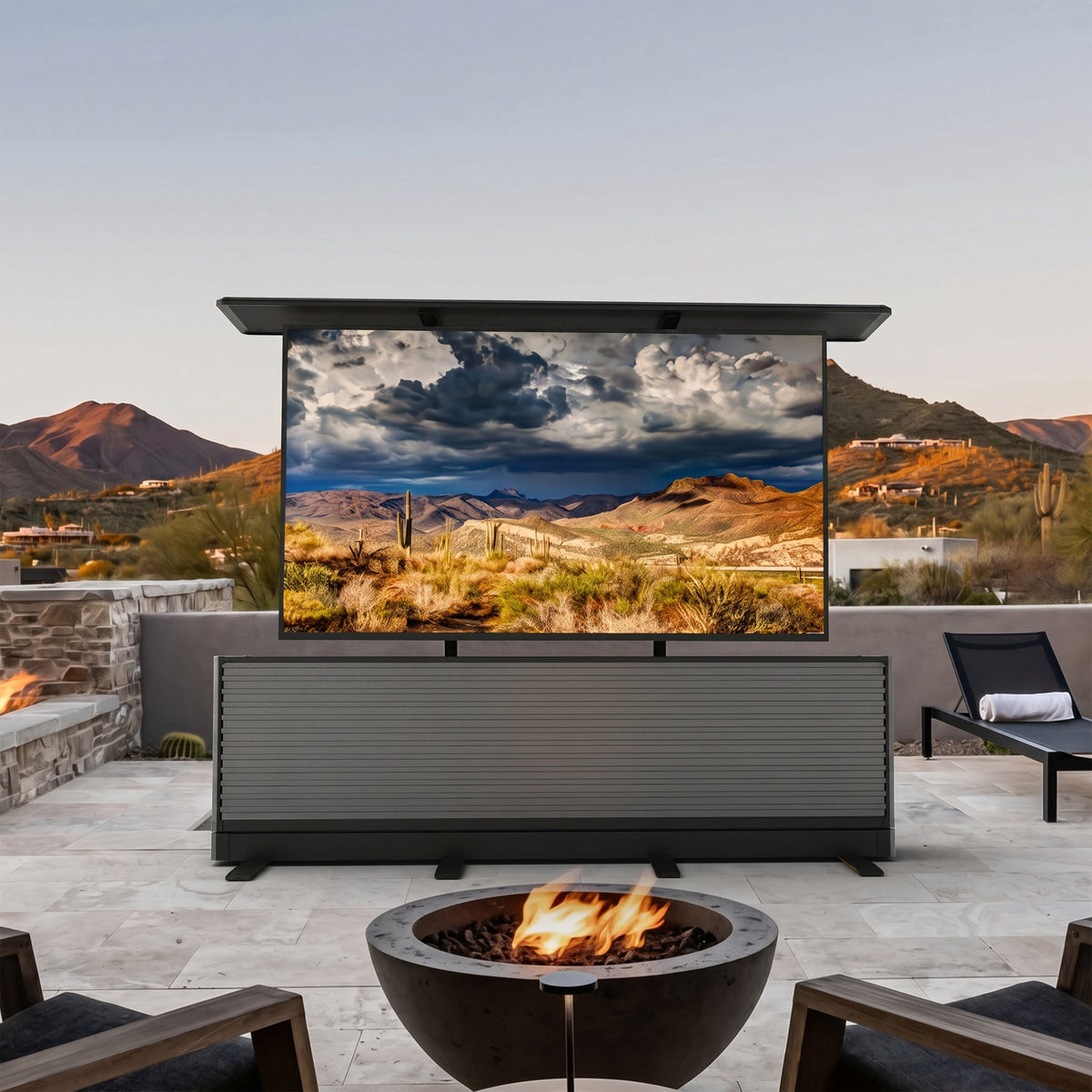 IntelliCube 115-inch Dual-Motion outdoor TV lift cabinet with split-design lift