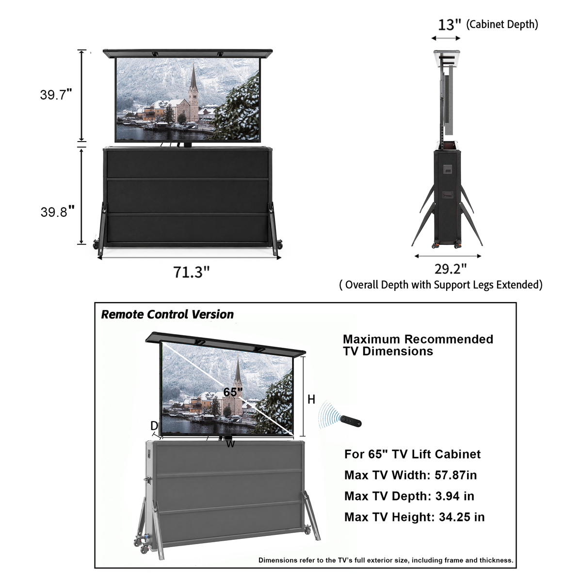 Mueble elevador de TV resistente a la intemperie para televisores de 65", interior y exterior