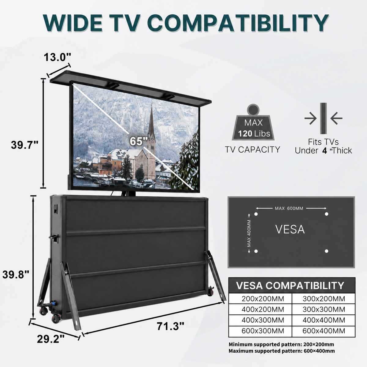 Mueble elevador de TV resistente a la intemperie para televisores de 65", interior y exterior