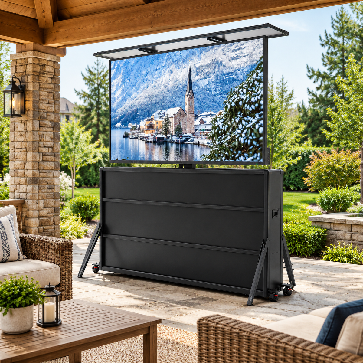 Mueble elevador de TV resistente a la intemperie para televisores de 65", interior y exterior