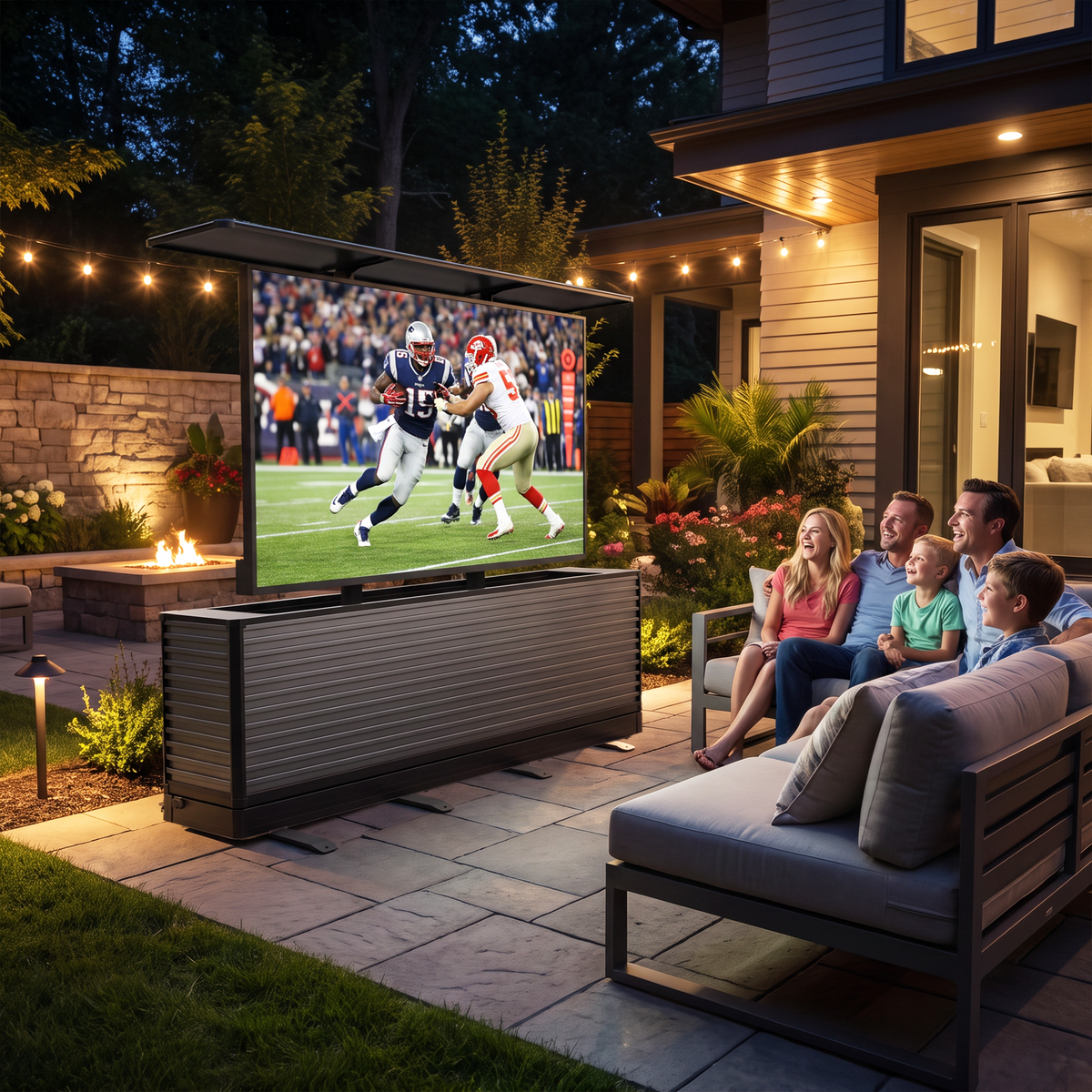Gabinete elevador de TV para exteriores de movimiento dual de 75" | Mueble para TV de patio motorizado de diseño dividido