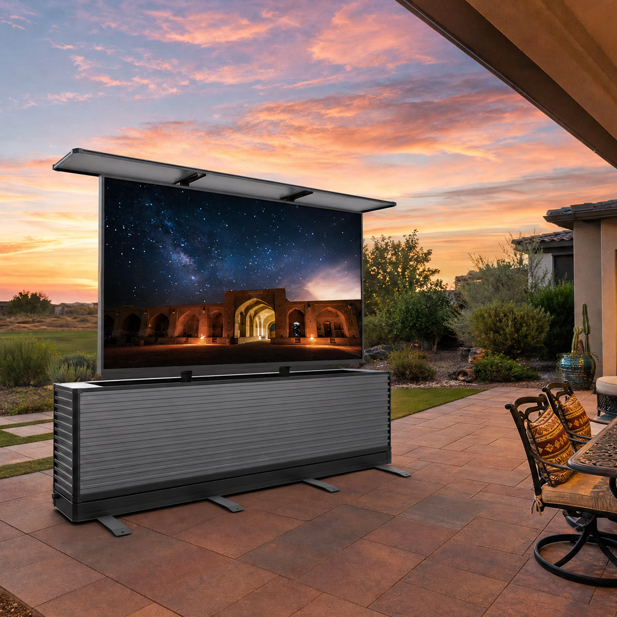 Gabinete elevador de TV para exteriores de movimiento dual de 75" | Mueble para TV de patio motorizado de diseño dividido