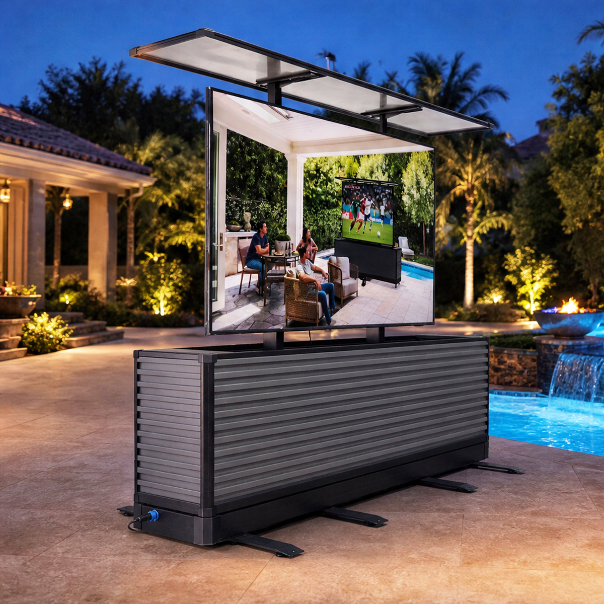 Gabinete elevador de TV para exteriores de movimiento dual de 75" | Mueble para TV de patio motorizado de diseño dividido