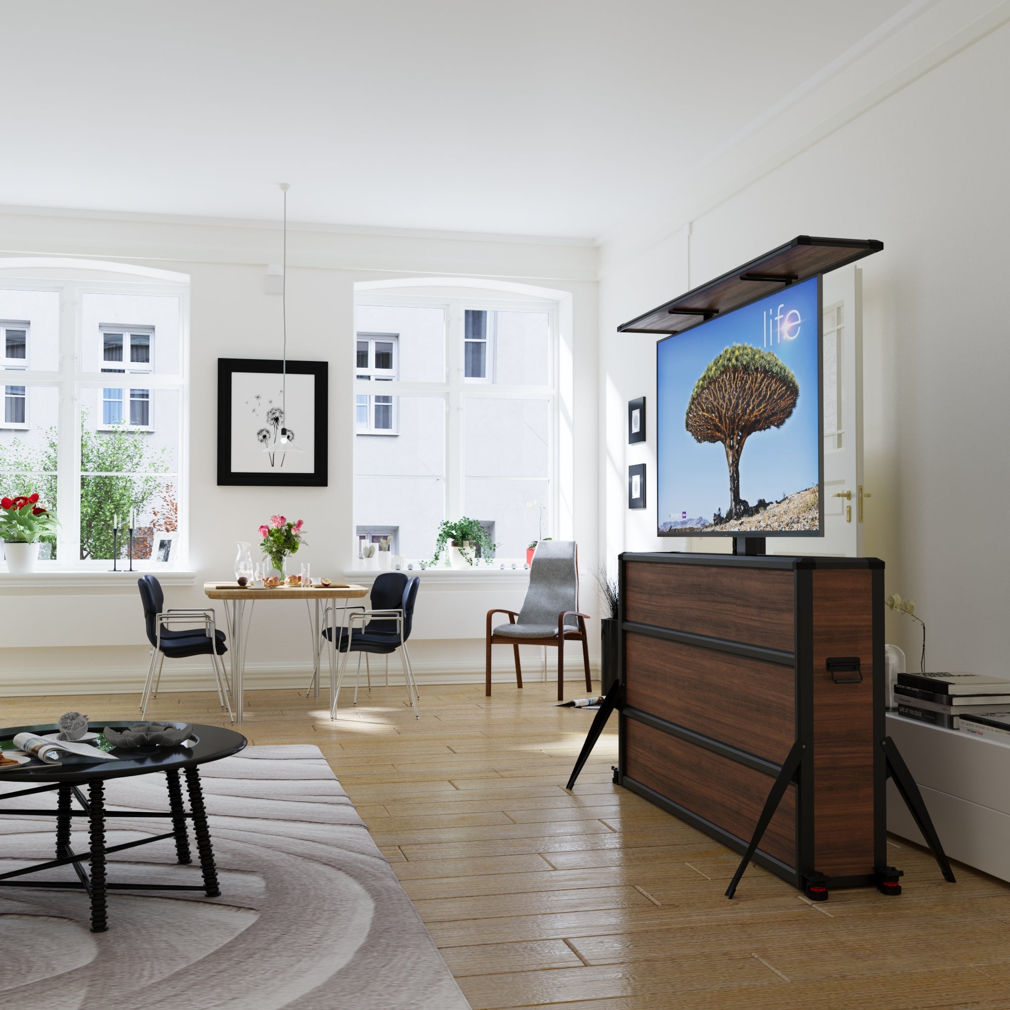 Mueble elevador de TV motorizado premium para interiores de 65 pulgadas