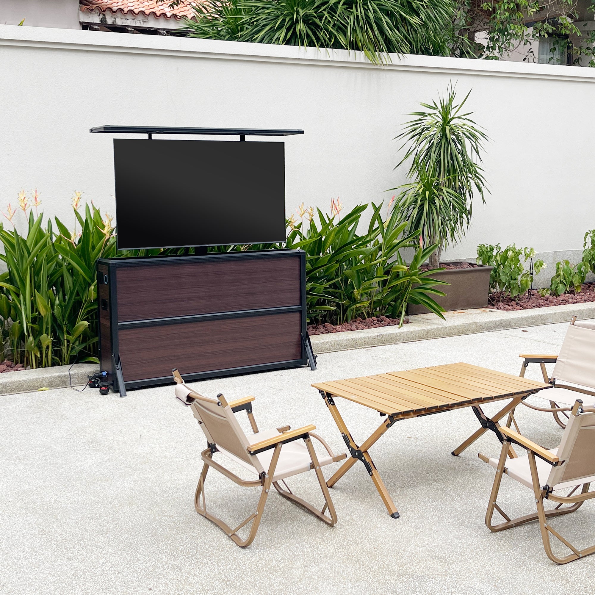 Mueble elevador de TV resistente a la intemperie para televisores de 55", interior y exterior