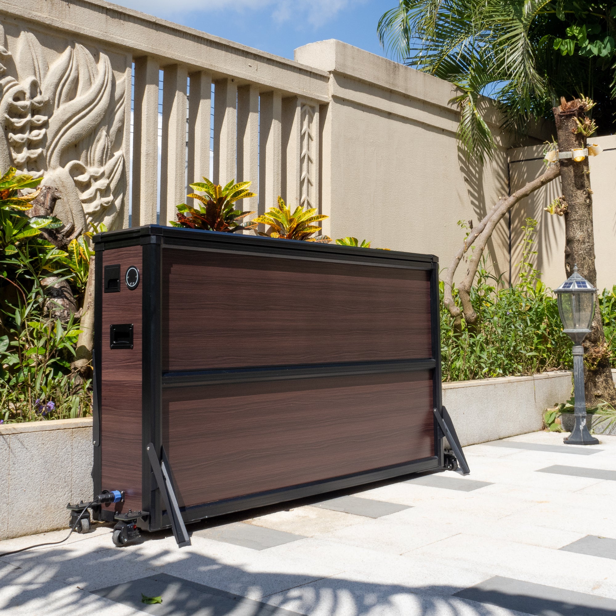 Mueble elevador de TV resistente a la intemperie para televisores de 55", interior y exterior