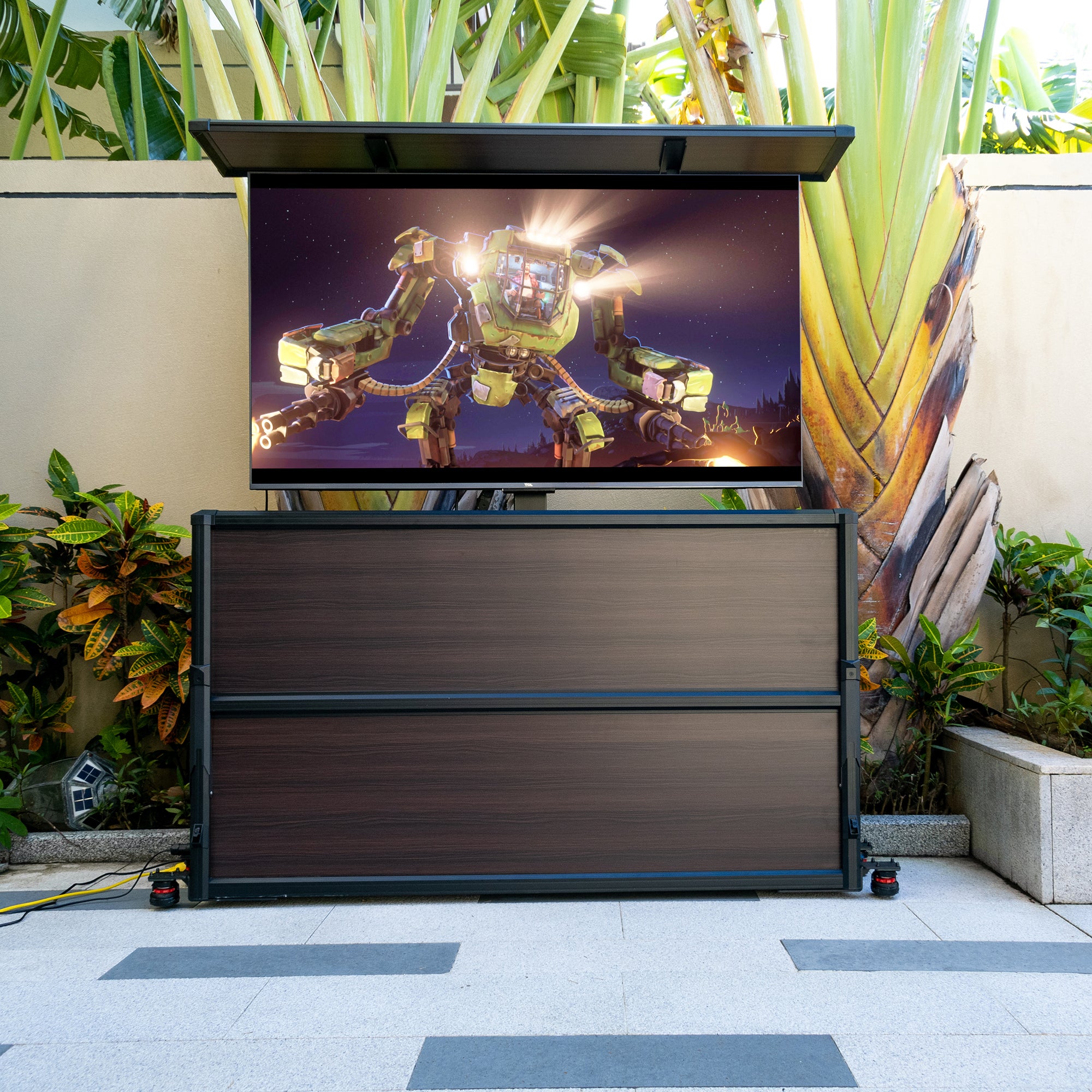 Mueble elevador de TV resistente a la intemperie para televisores de 55", interior y exterior