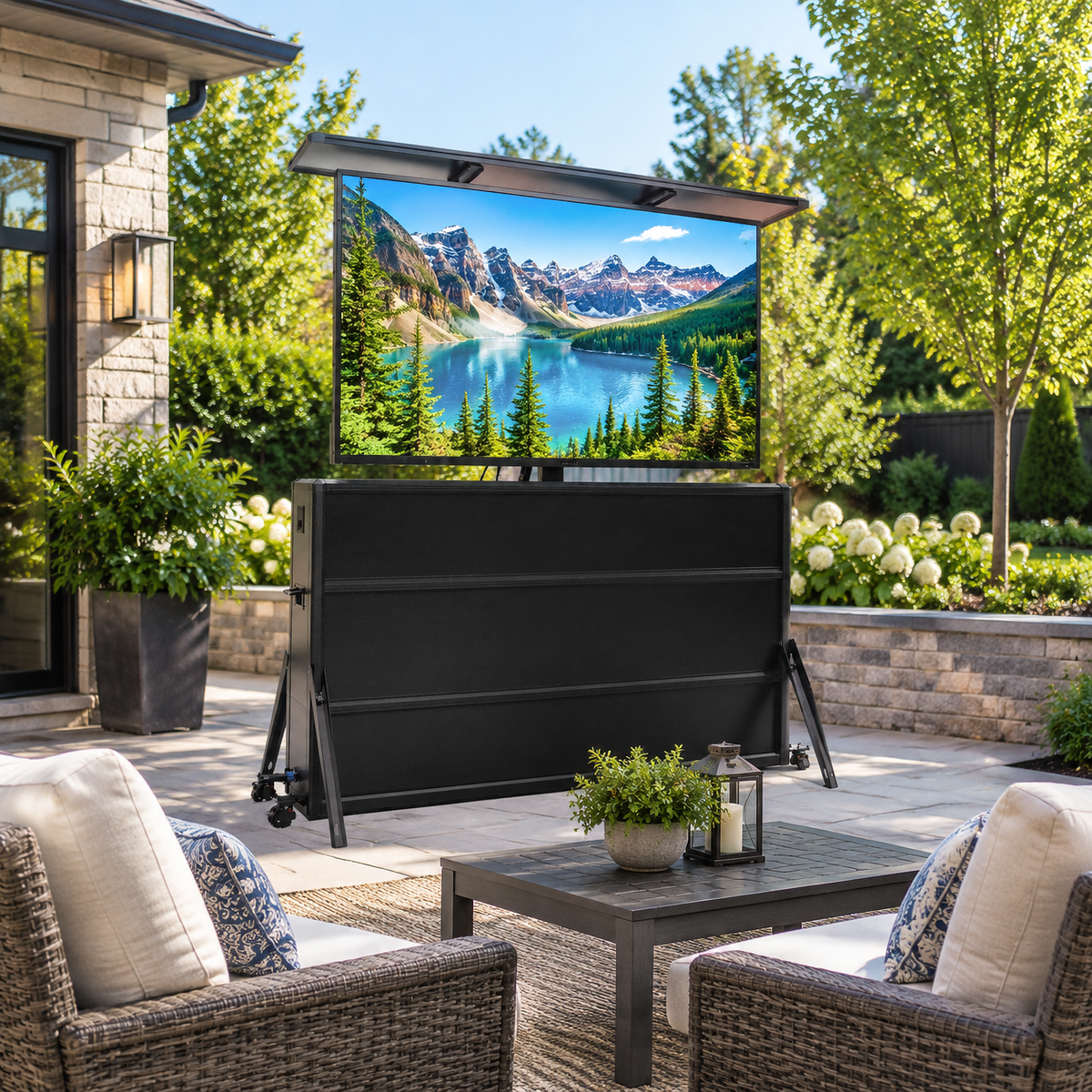 Mueble elevador de TV resistente a la intemperie para televisores de 65", interior y exterior