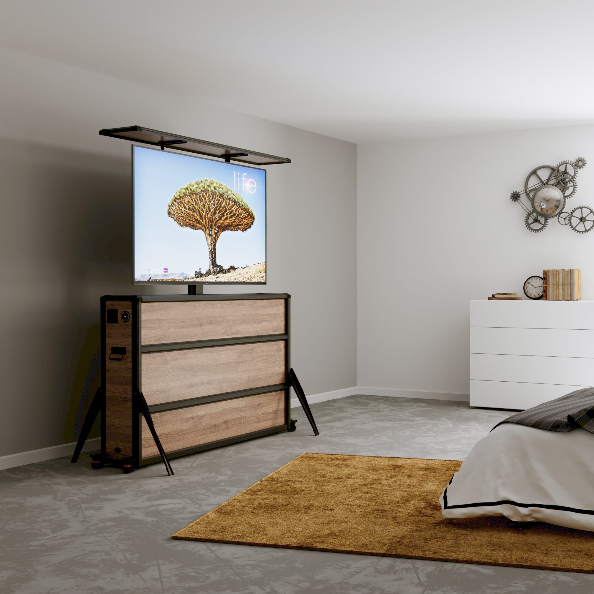 Mueble elevador de TV motorizado premium para interiores de 65 pulgadas