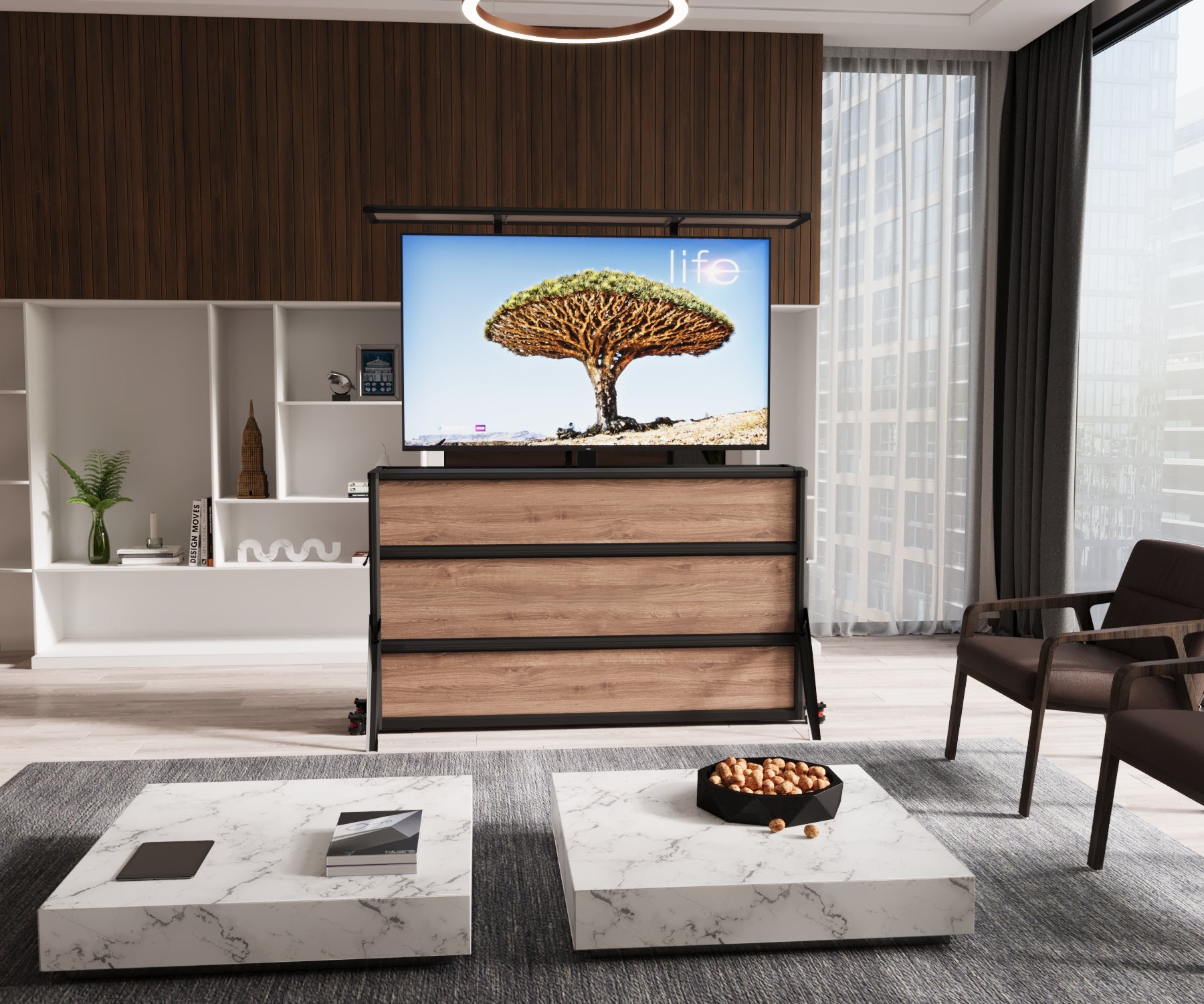 Mueble elevador de TV motorizado premium para interiores de 65 pulgadas