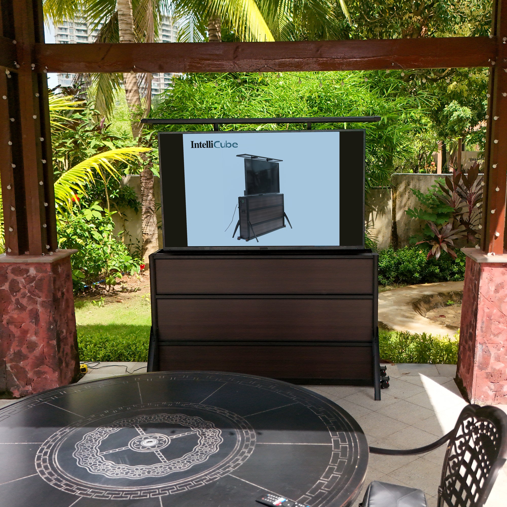 Mueble elevador de TV resistente a la intemperie para televisores de 75", interior y exterior