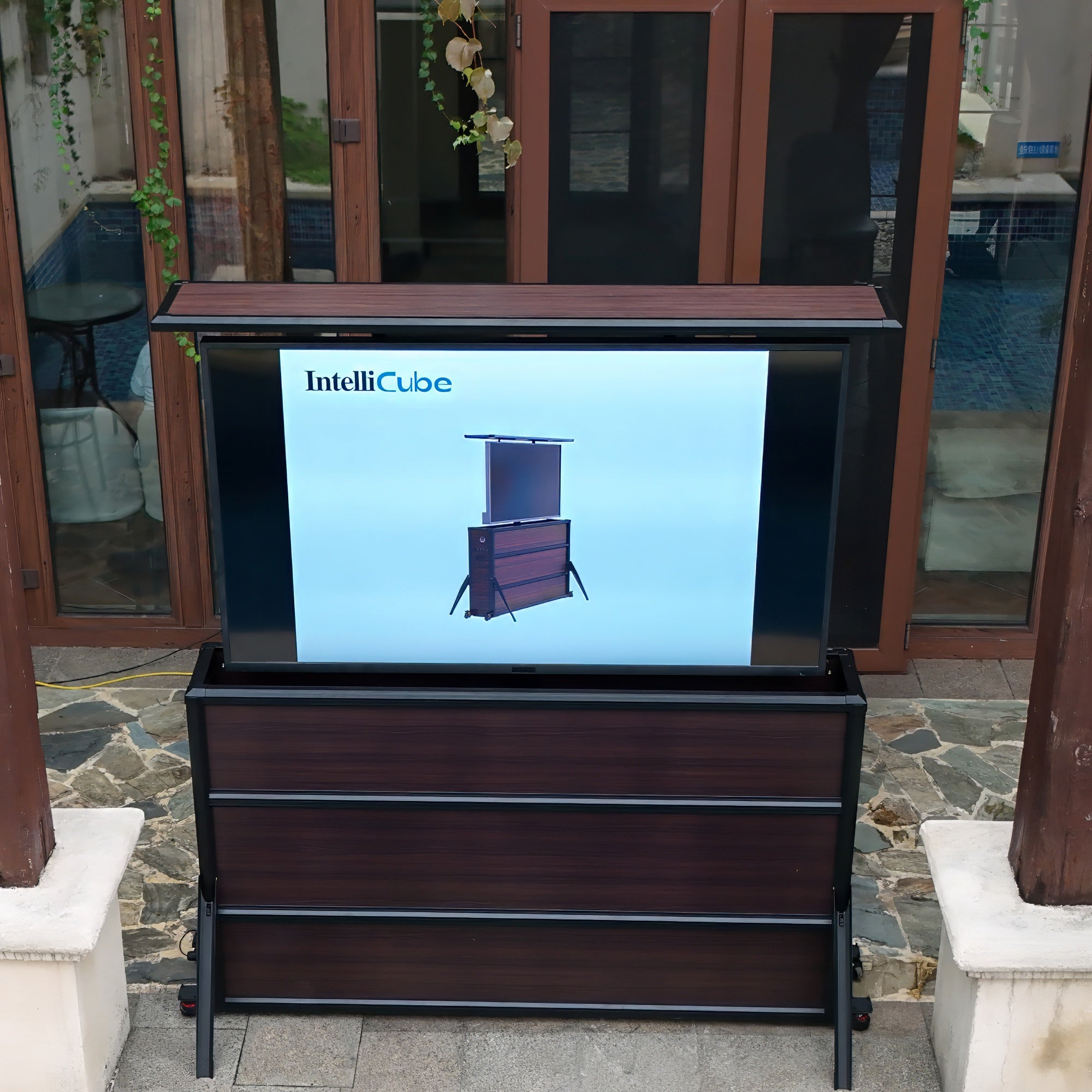 Mueble elevador de TV resistente a la intemperie para televisores de 75", interior y exterior