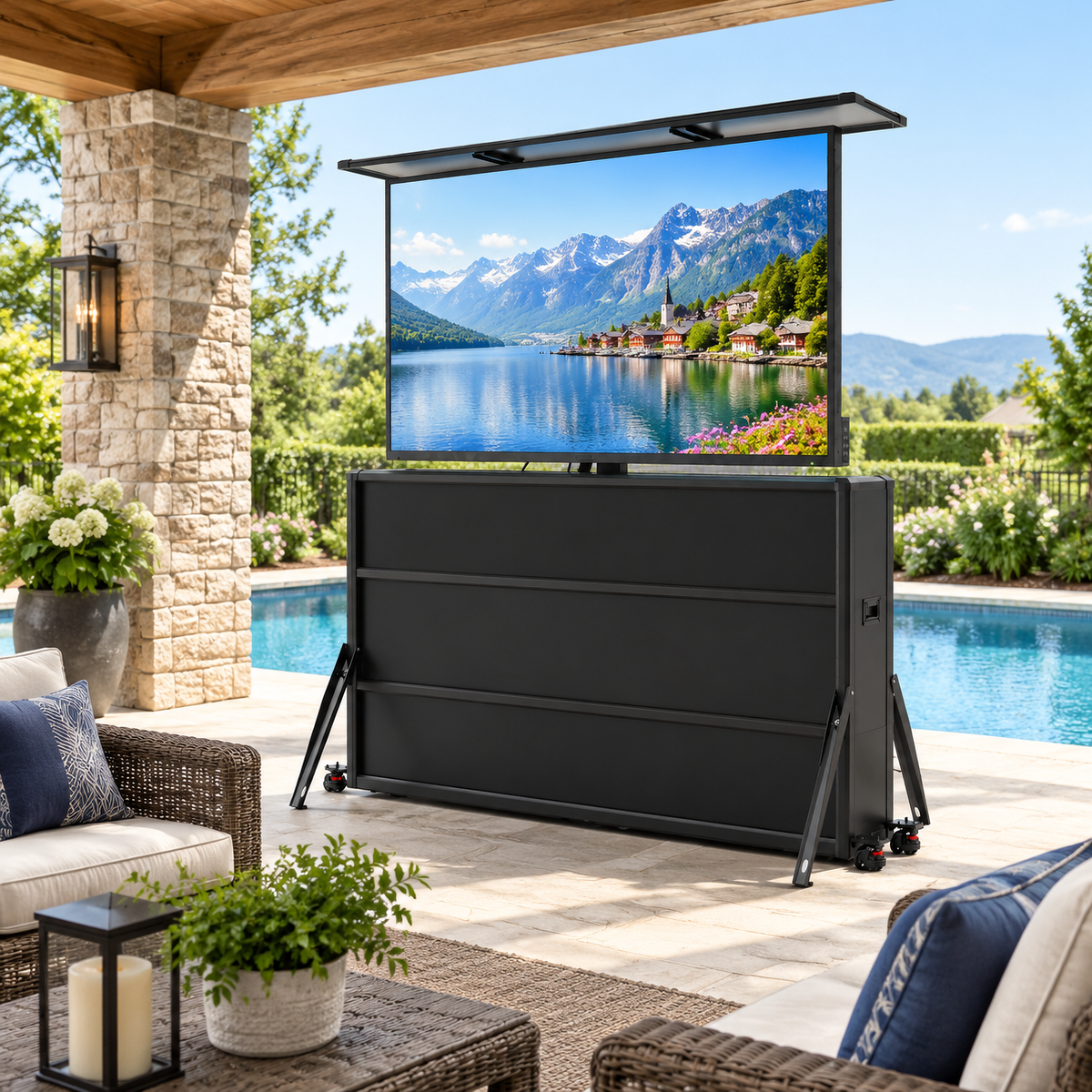 Mueble elevador de TV resistente a la intemperie para televisores de 65", interior y exterior 