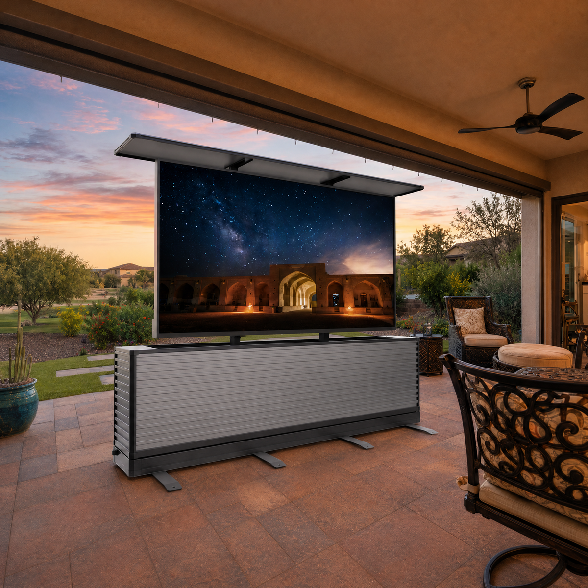 Gabinete elevador de TV para exteriores de movimiento dual de 75" | Mueble para TV de patio motorizado de diseño dividido