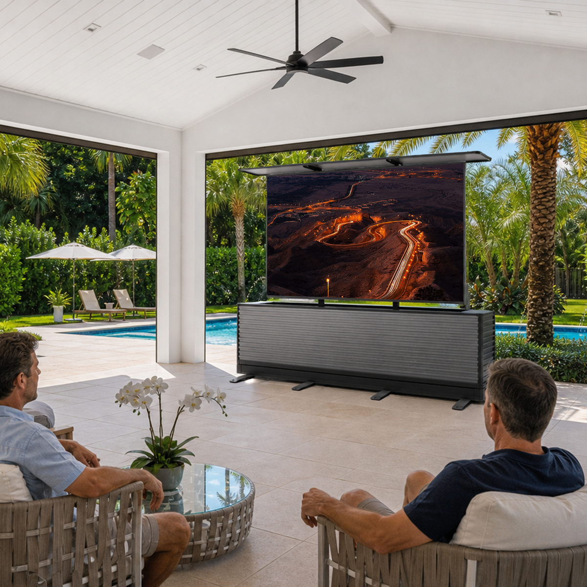 115" Dual-Motion Outdoor TV Lift Cabinet | Ultra-Large Motorized Patio TV Cabinet