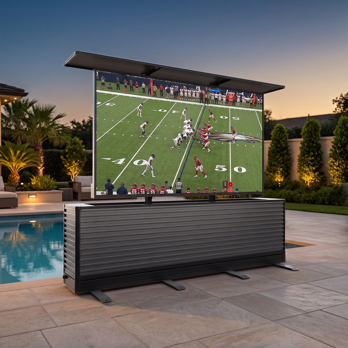 Gabinete elevador de TV para exteriores de movimiento dual de 75" | Mueble para TV de patio motorizado de diseño dividido