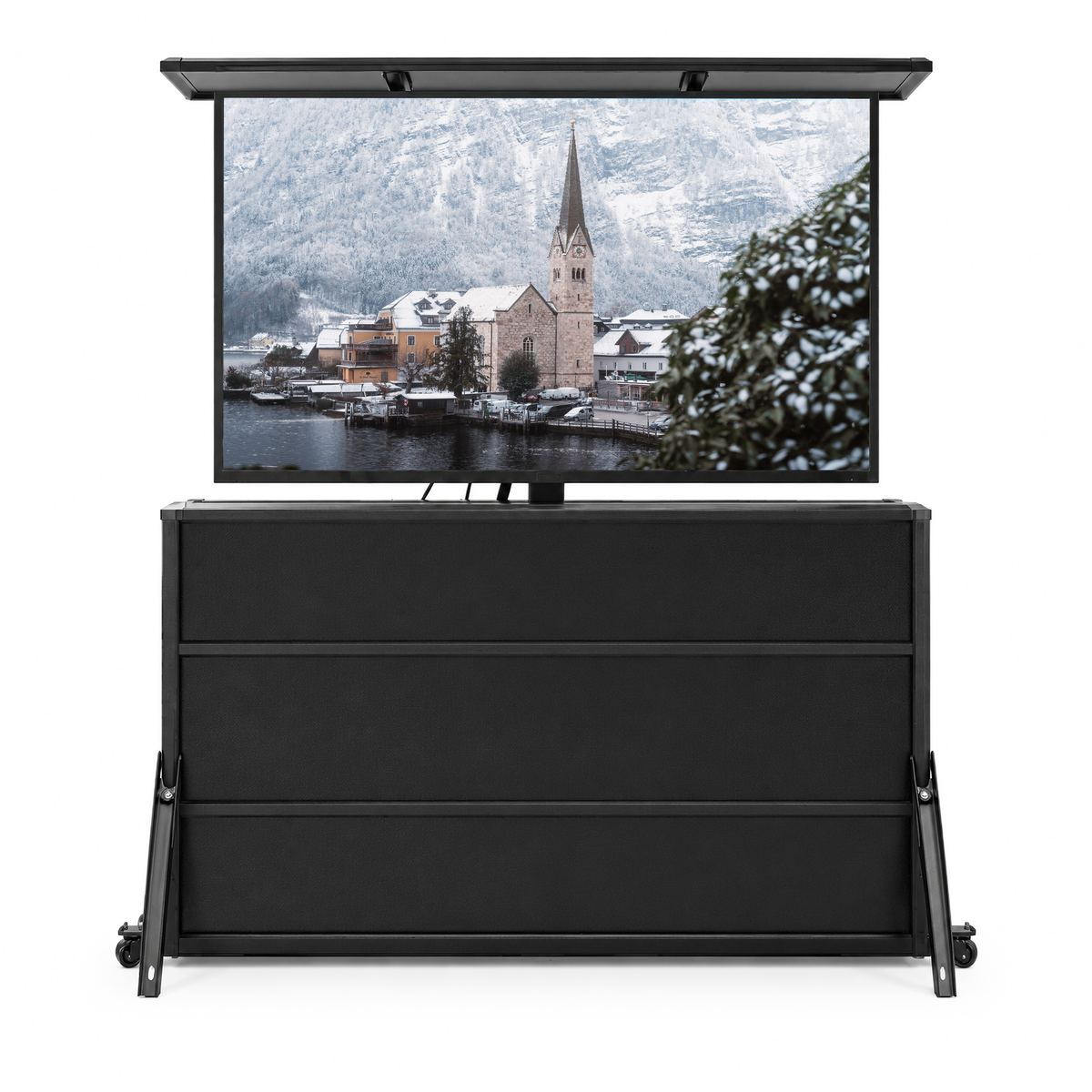 Mueble elevador de TV resistente a la intemperie para televisores de 65", interior y exterior 