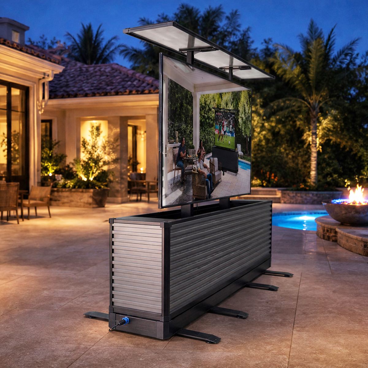 Gabinete elevador de TV para exteriores de movimiento dual de 75" | Mueble para TV de patio motorizado de diseño dividido