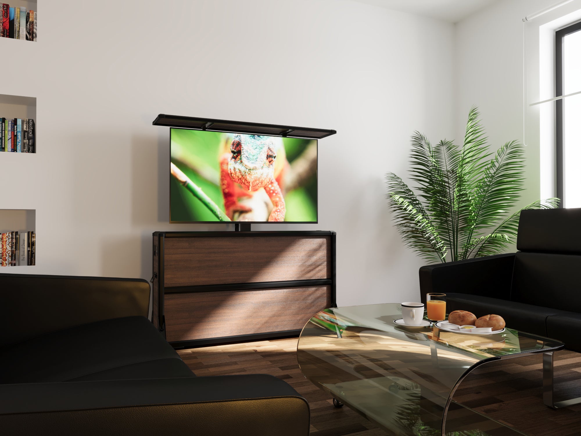 Mueble elevador de TV motorizado premium para interiores de 55 pulgadas 