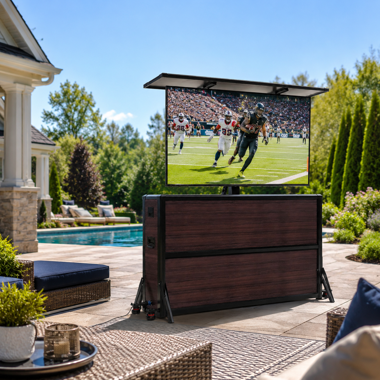 Mueble elevador de TV resistente a la intemperie para televisores de 55", interior y exterior 