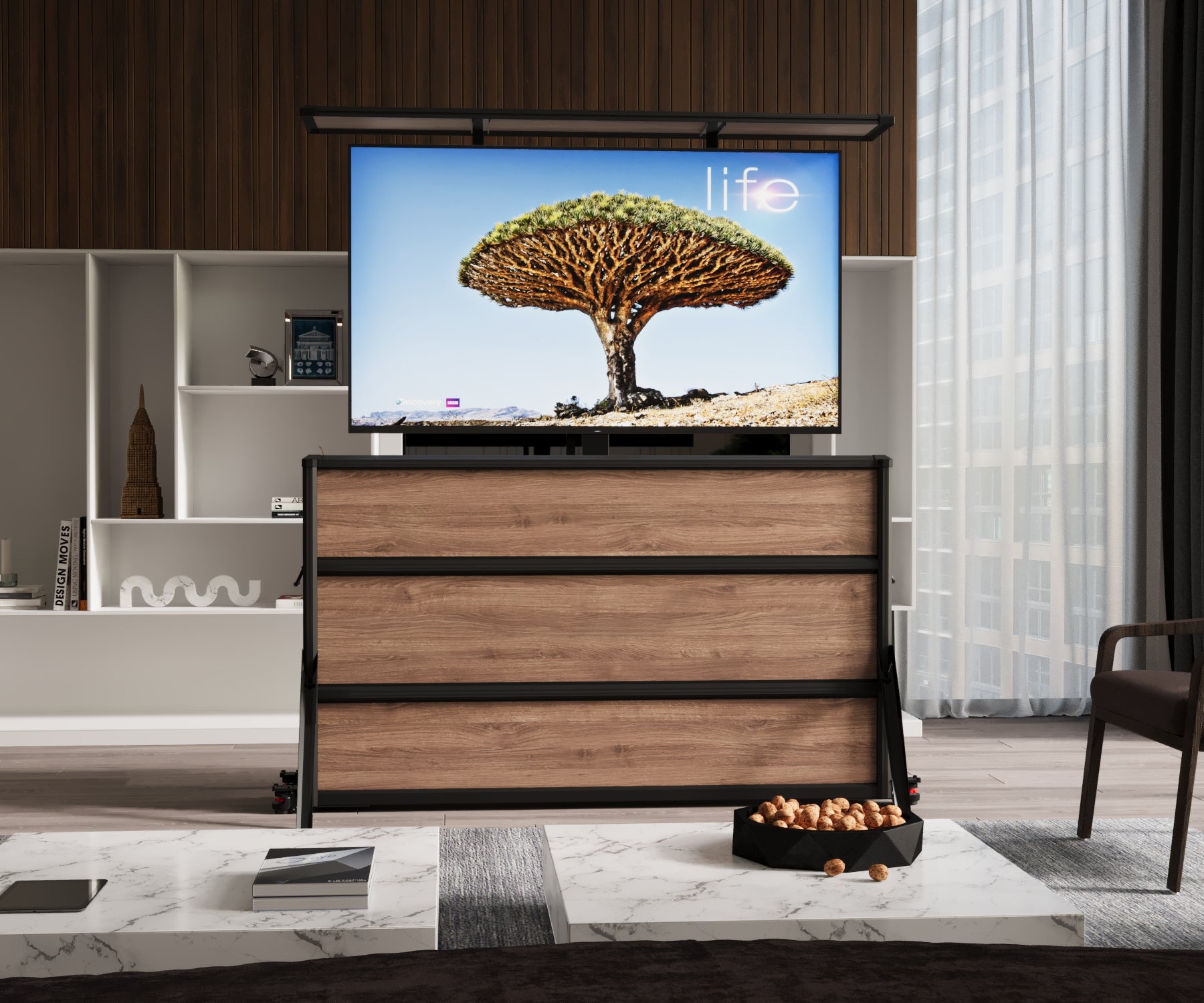 Mueble elevador de TV motorizado premium para interiores de 65 pulgadas 