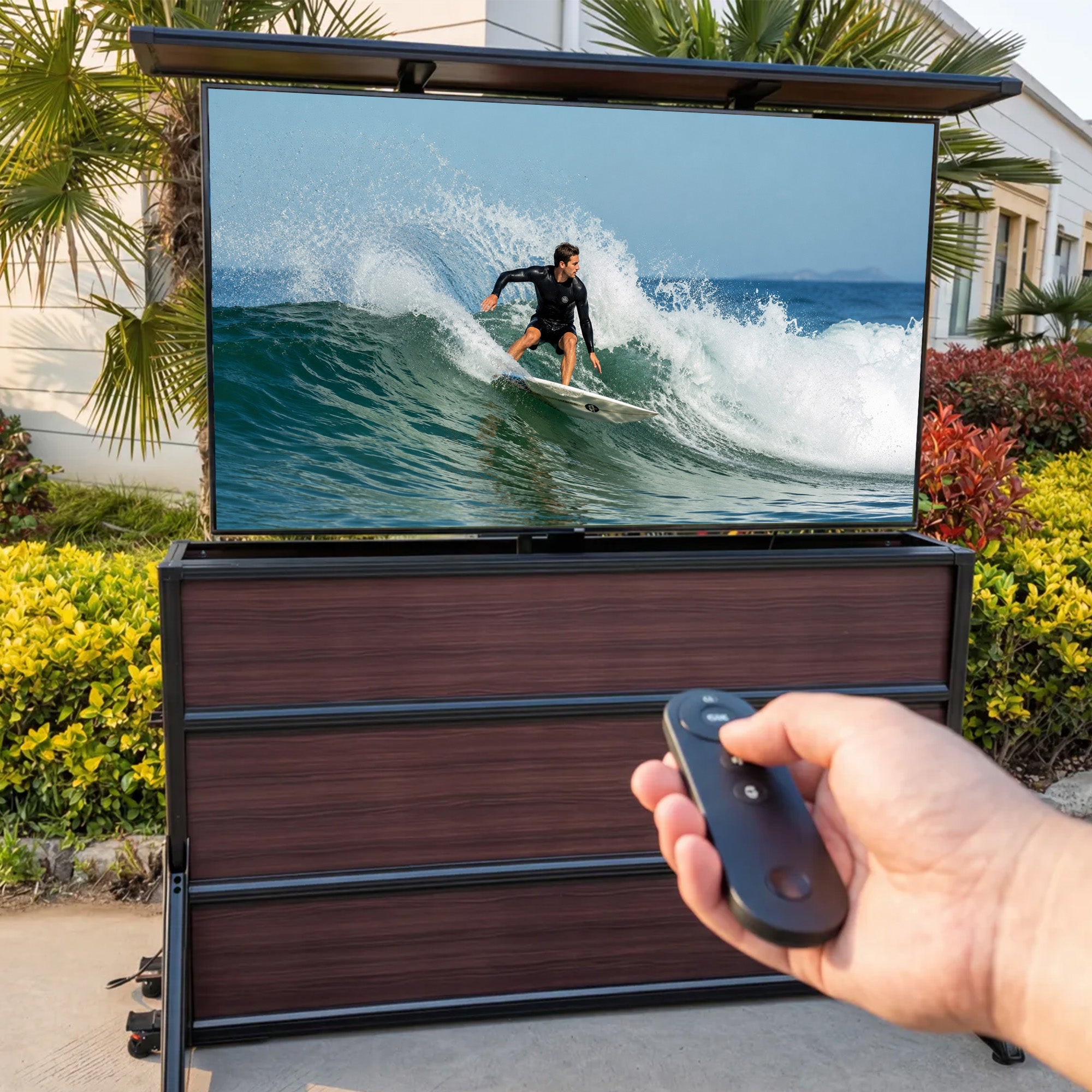 Weatherproof TV Lift Cabinet for TVs 65”, Indoor and Outdoor
