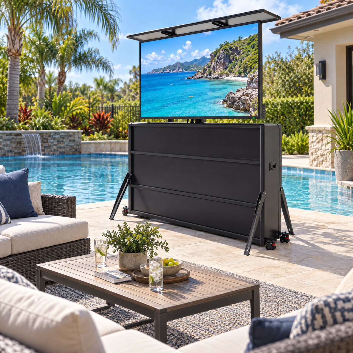 Mueble elevador de TV resistente a la intemperie para televisores de 65", interior y exterior 
