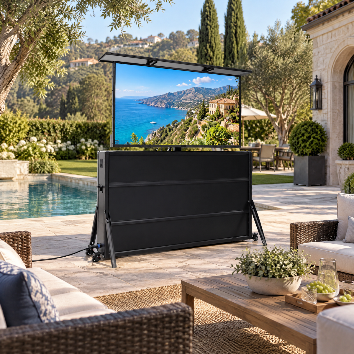 Mueble elevador de TV resistente a la intemperie para televisores de 65", interior y exterior 