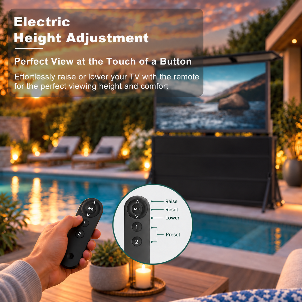 Mueble elevador de TV resistente a la intemperie para televisores de 65", interior y exterior 