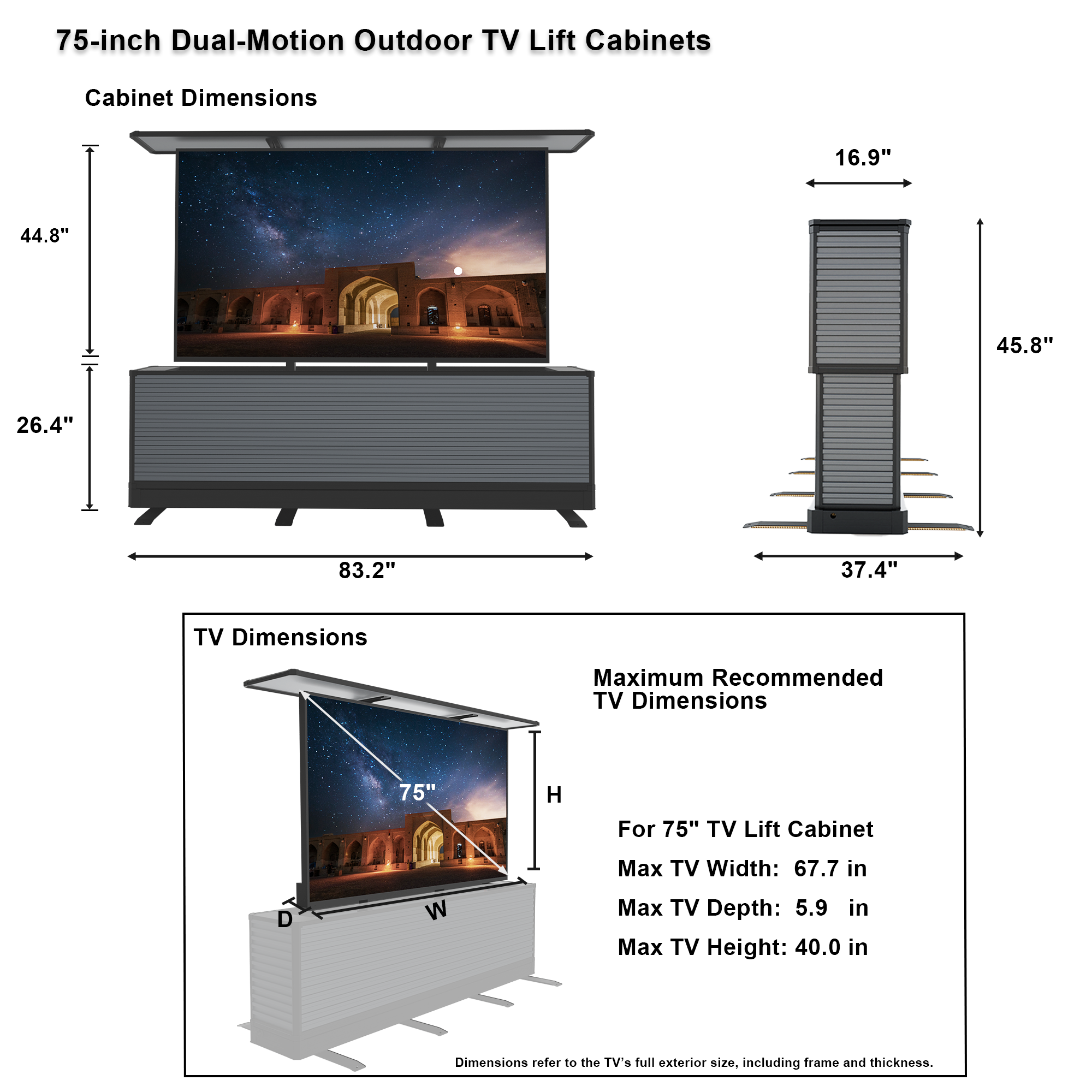 75" Dual-Motion Outdoor TV Lift Cabinet | Split-Design Motorized Patio TV Cabinet